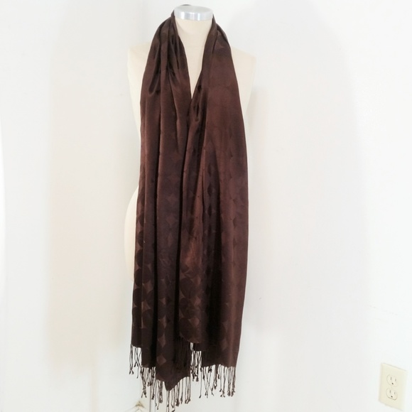 Giant Silk Scarf Fringe Brown Polka Dot Jacquard - Picture 5 of 8